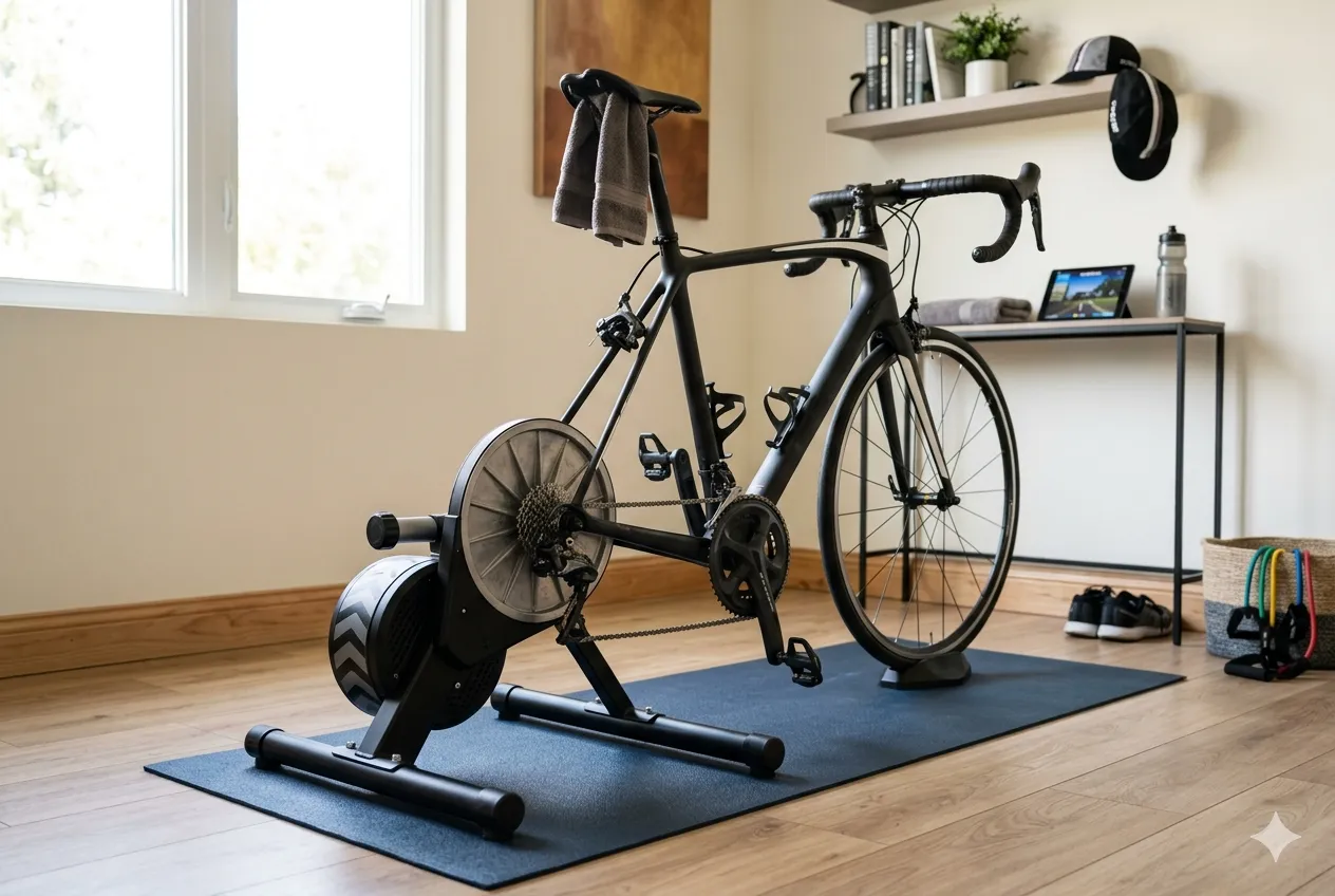 Landsvägscykel monterad på en direktdriven smart trainer framför en skärm med Zwift